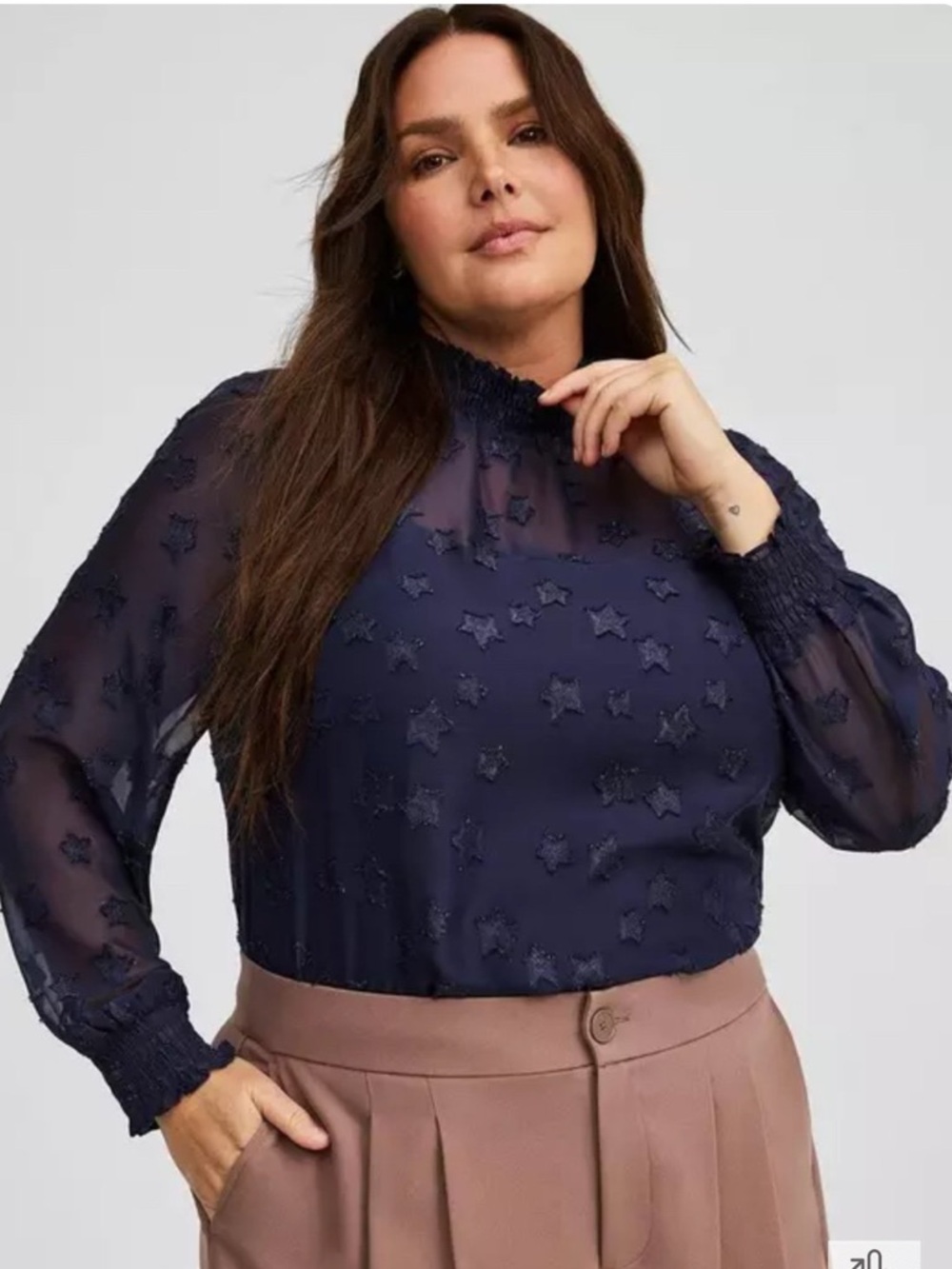 Navy Star-Embroidered Sheer Blouse. Torrid 2 NWT